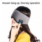 Bluetooth sleep eye mask on model, gray speaker panel with control buttons