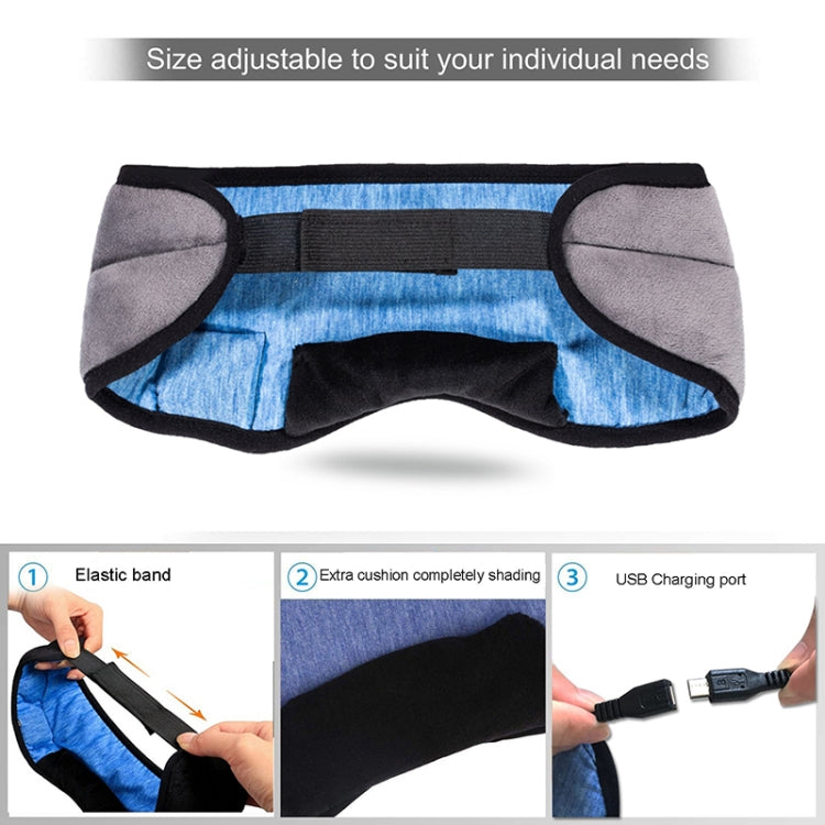 Adjustable Bluetooth sleep eye mask with blue lining, side padding, and elastic band