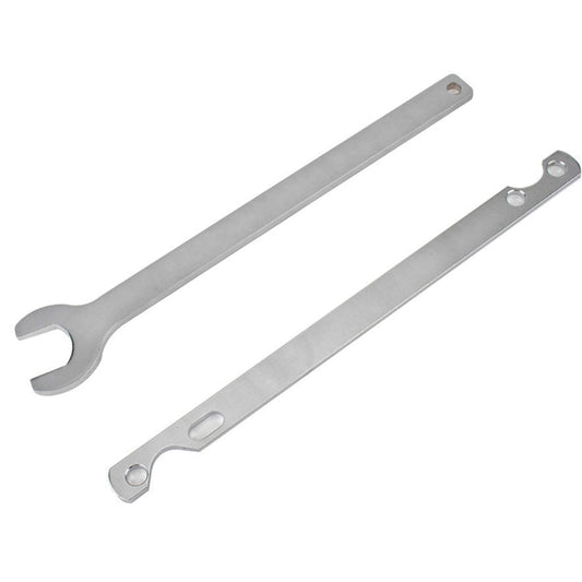 Pump bracket wrench set with two metal wrenches, open-end fork and bolt holes