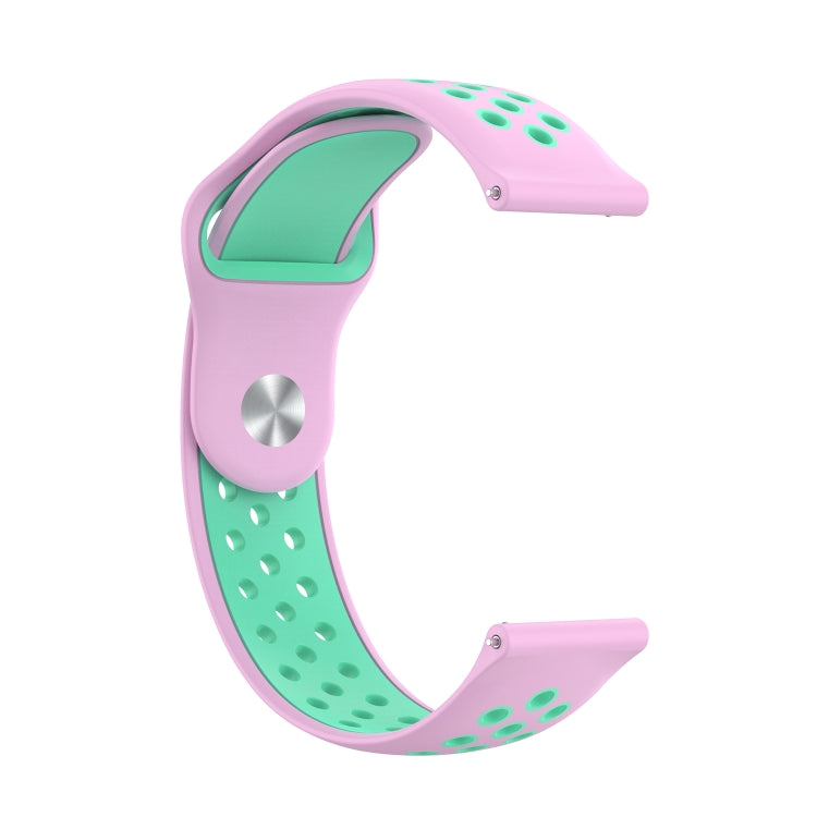 Two-tone silicone watch strap, pink outer with mint green perforated inner and silver pin.