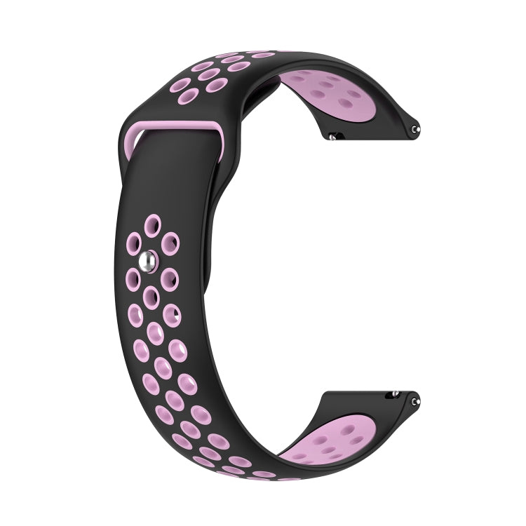 Two-tone silicone watch strap, black with pink perforation dots and silver pin end.