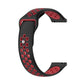 Two-tone silicone watch strap, black with red perforation dots and silver pin end.