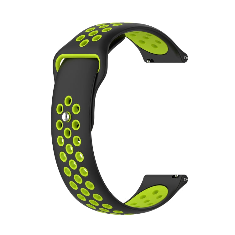 Two-tone silicone smartwatch strap, black band with bright green dotted perforations
