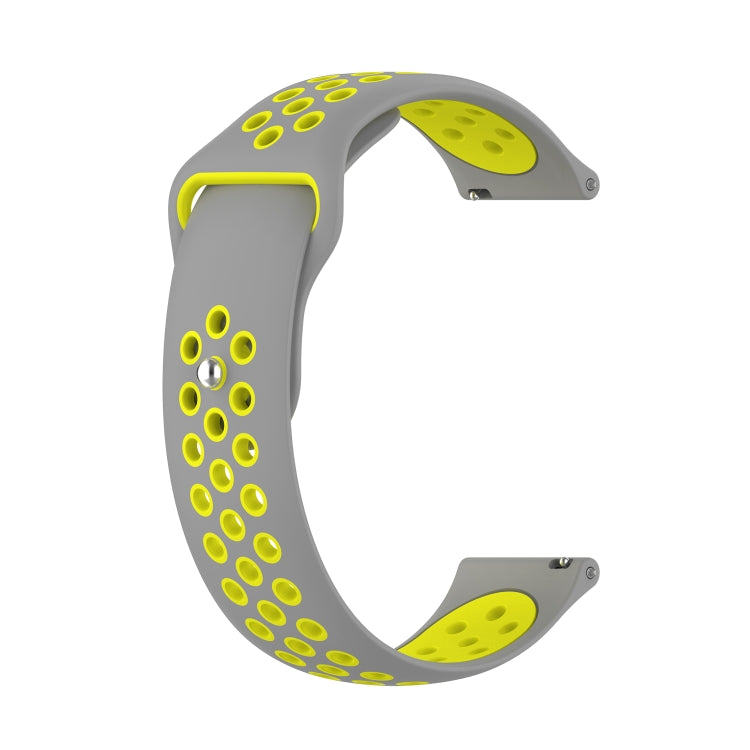 Two-tone silicone smartwatch strap, light gray band with lime green dotted perforations