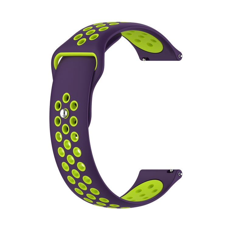 Two-tone silicone smartwatch strap, purple band with neon lime dotted perforations