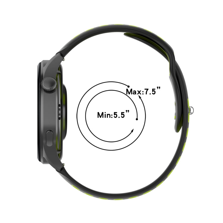 Black silicone smartwatch strap, side view with clasp and adjustment range graphic