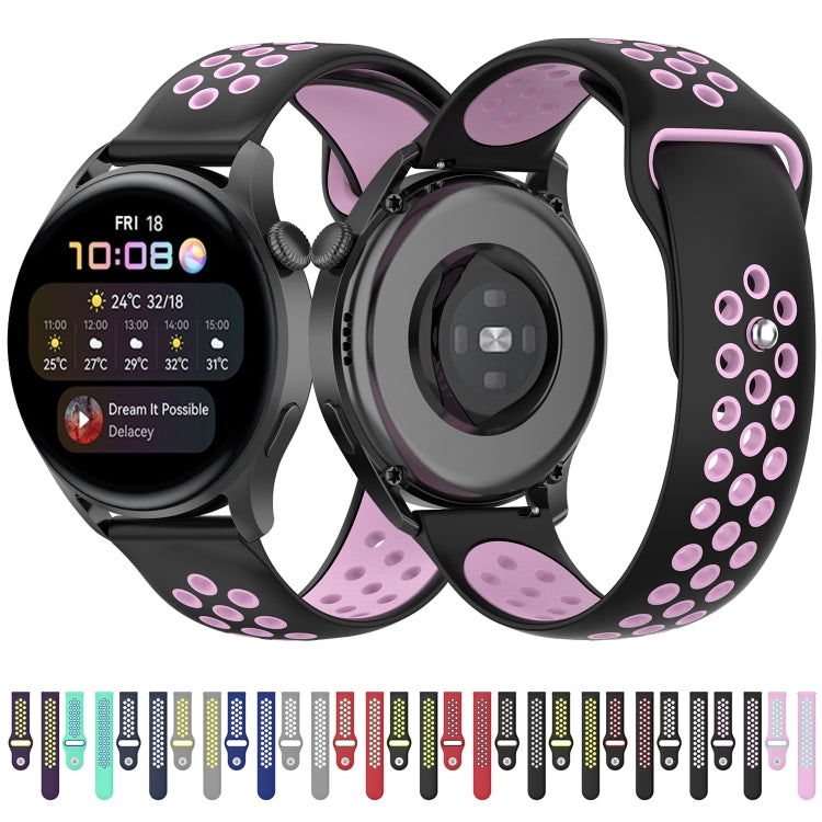 Two-tone silicone watch strap, black with pink/purple perforated pattern, 22mm wide
