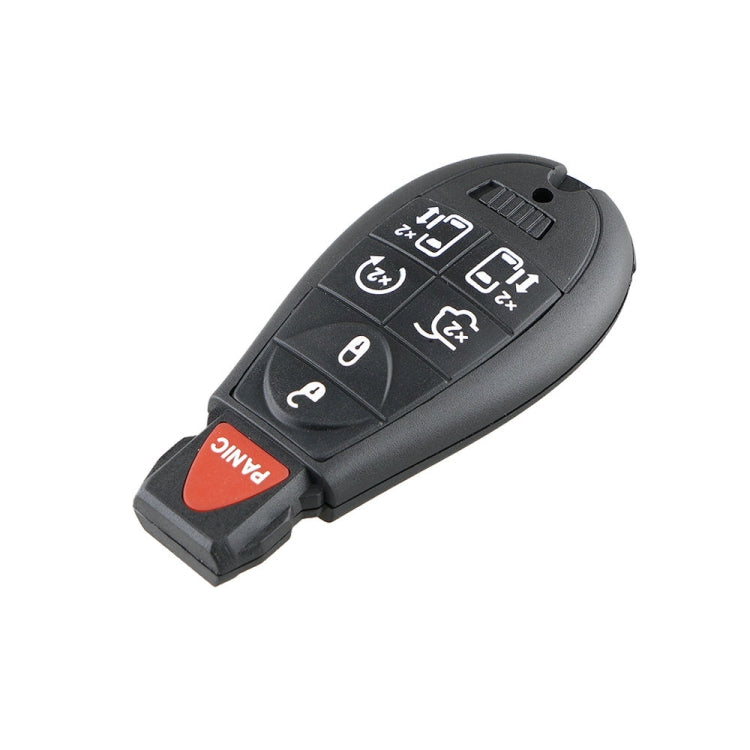 Car key fob remote with button panel, black housing and orange emergency button