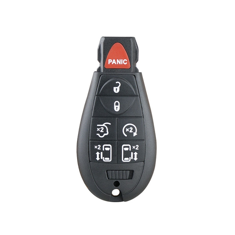 Car key fob remote front with button layout and red “PANIC” button, black housing