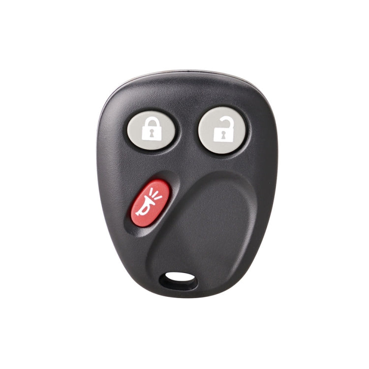 3-button car remote key fob, black shell, lock/unlock buttons and red alarm icon