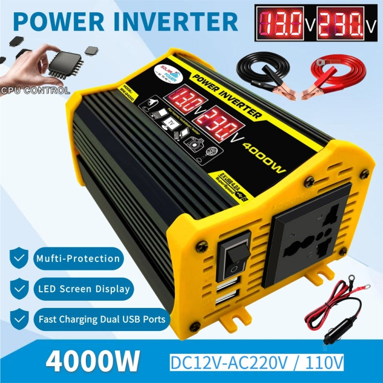 Yellow and black power inverter with LED screen, dual USB ports, and side sockets