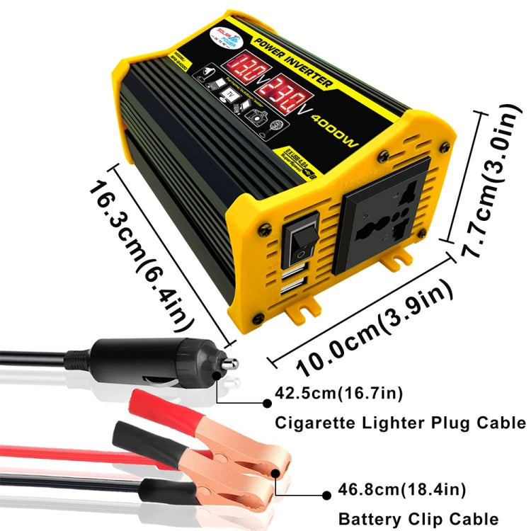 Yellow and black car power inverter with front outlets and cigarette-lighter plug cable