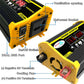 Yellow and black power inverter side view with on/off switch, dual USB, and fan