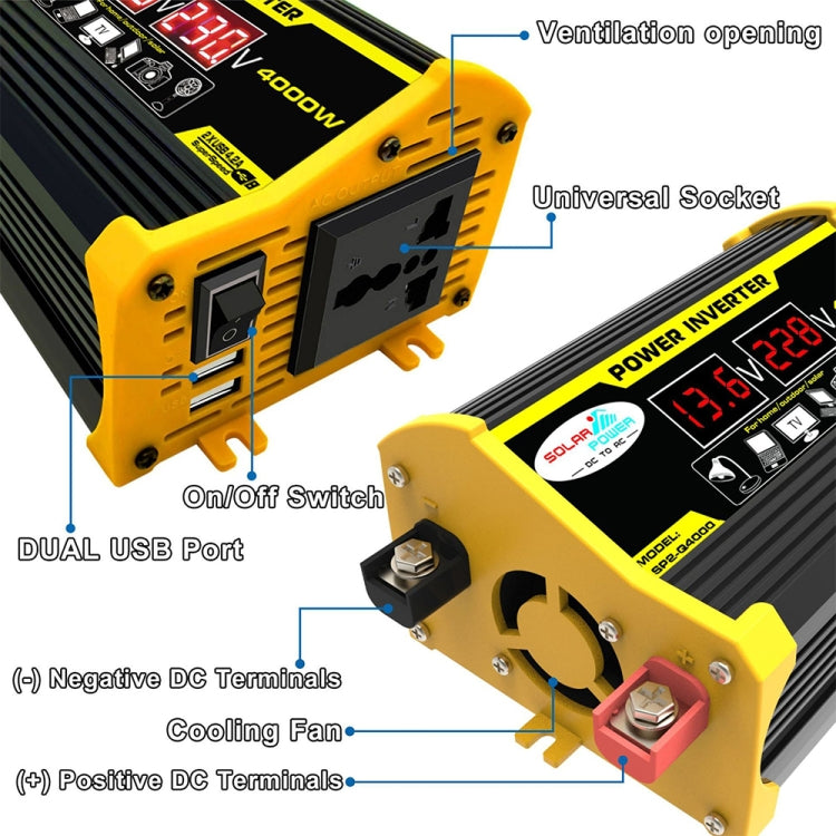 Yellow and black power inverter side view with on/off switch, dual USB, and fan