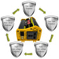 Yellow power inverter with protection icons for over-load, over-heat, short-circuit, and input