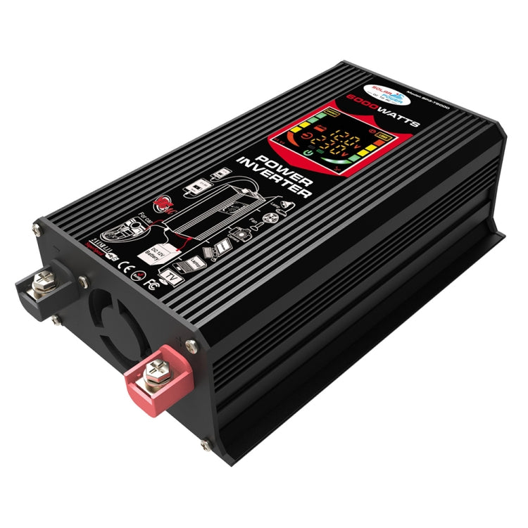 Black car power inverter with LCD display and front DC power terminals