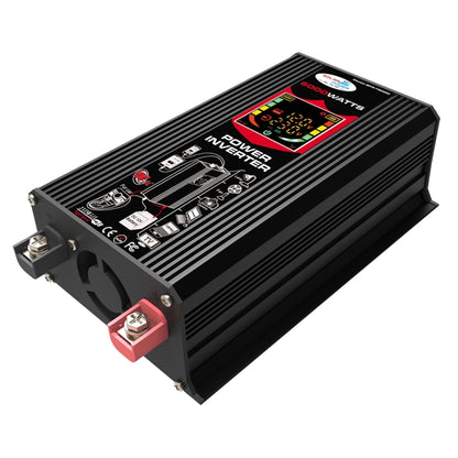 Black car power inverter with LCD display and front DC power terminals