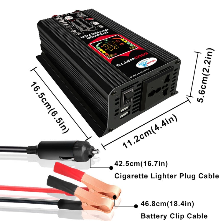 Black power inverter with LCD display, shown with battery clip cable and lighter plug