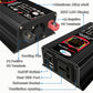 Black power inverter with LCD display, cooling fan, on/off switch, and USB ports