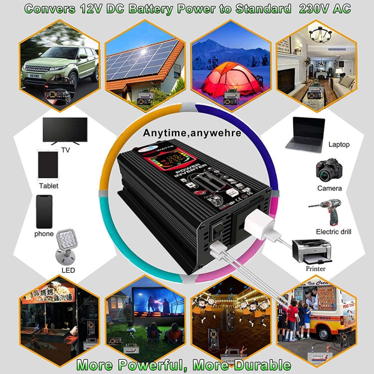 Black power inverter with LCD display, designed for use with car and off-grid power