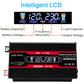 Black 12V to 110V power inverter with illuminated LCD showing voltage and output