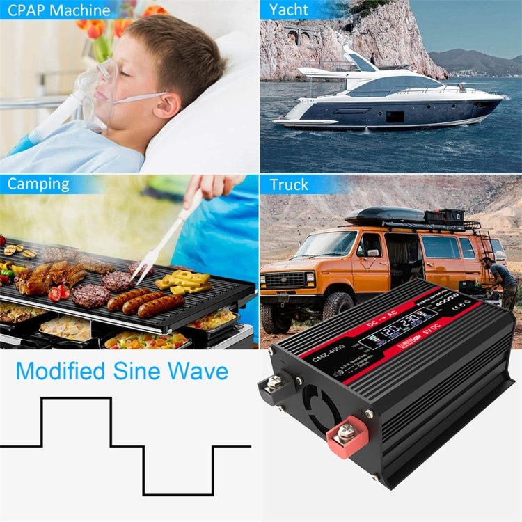 Black 12V to 110V power inverter on a vehicle-use display, with red DC terminals