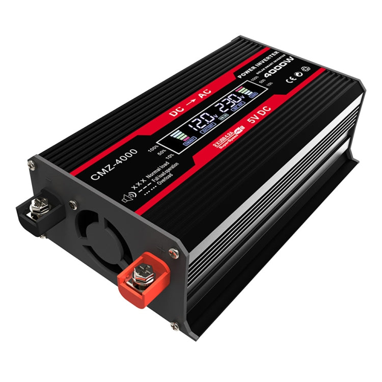 Black 4000W car power inverter with red DC terminals and AC output outlet ports