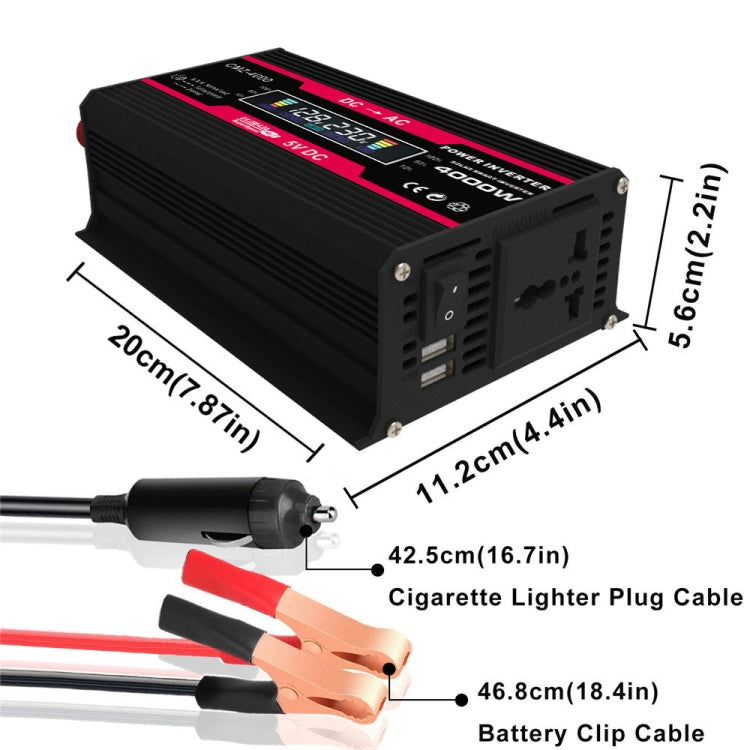 Black 4000W power inverter with size diagram and included cigarette lighter and battery clip cables