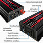 Black car power inverter showing cooling fan, DC terminals, on/off switch, USB and socket ports