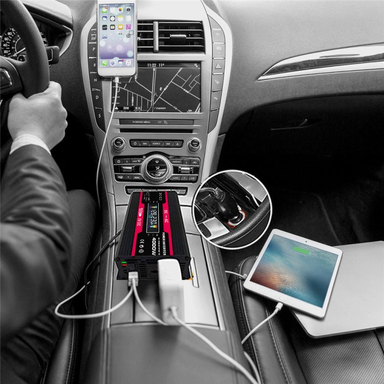 Car use of power inverter with connected charging cables for phone and tablet in the center console