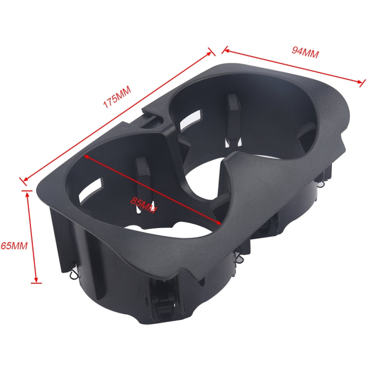 Black dual cup holder insert with size measurements shown