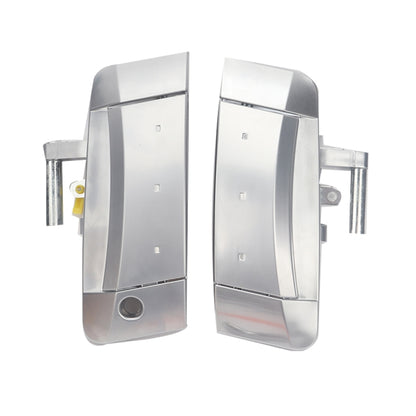 Car door outside handle pair, chrome/silver finish with mounting hardware visible
