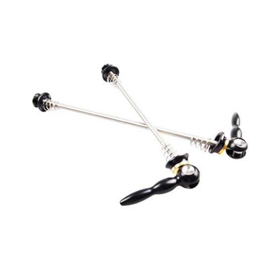 Bicycle quick-release skewer set angled view, silver rods with black lever handles
