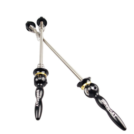 Bicycle quick-release wheel skewers with black levers and silver axle rods