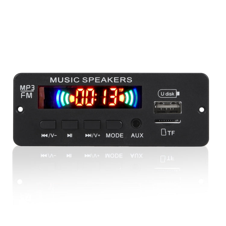 Car audio MP3 player front panel with glowing LCD, MP3/FM labels, and USB/TF ports