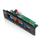 Car audio MP3 decoder board with green PCB, tuning buttons, and red/blue LED display