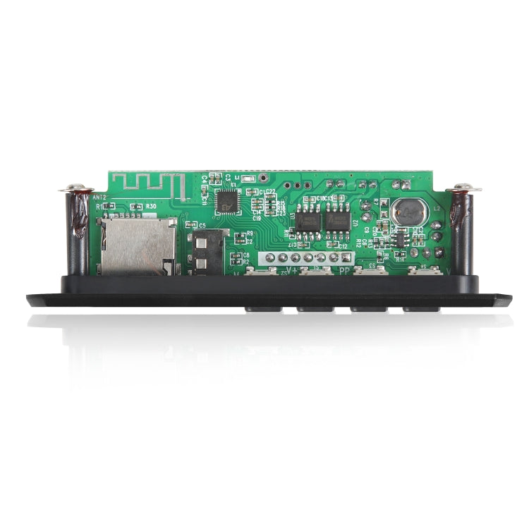 Car audio MP3 decoder PCB side view with components and metal mounting brackets