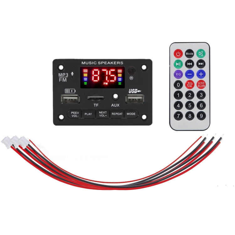 Car audio MP3 decoder board with FM display, remote control, and wiring harness