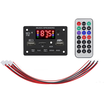 Car audio MP3 decoder board with FM display, remote control, and wiring harness