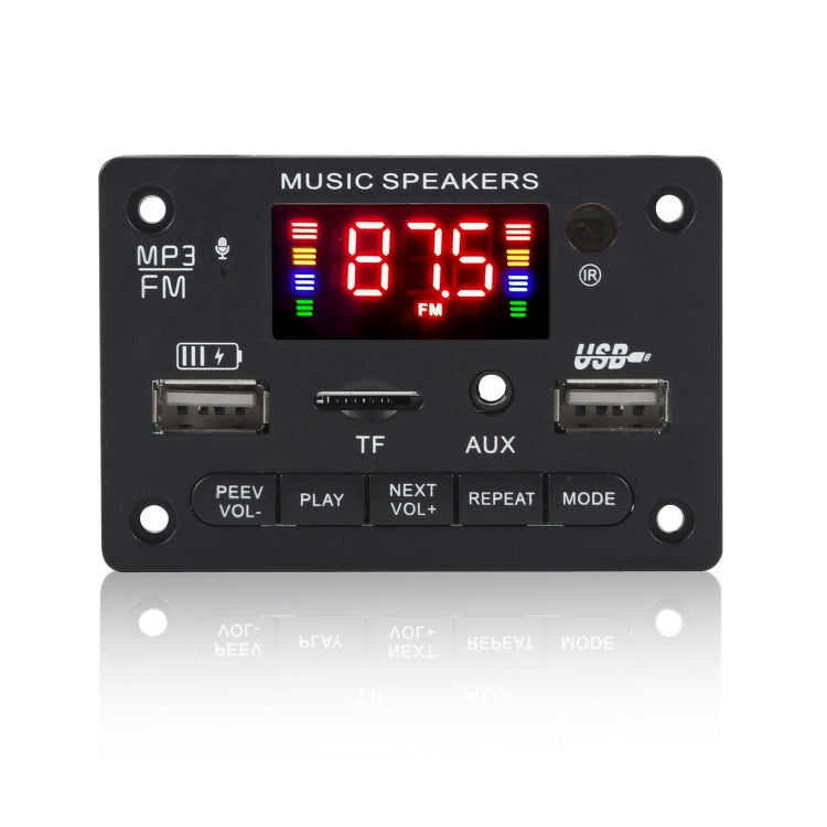 Car audio MP3 decoder board with red FM/MP3 display, USB and TF/AUX ports