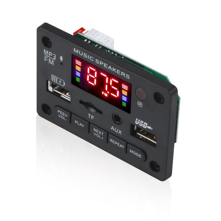 Car audio MP3 decoder board angled view with red LED FM display and control buttons