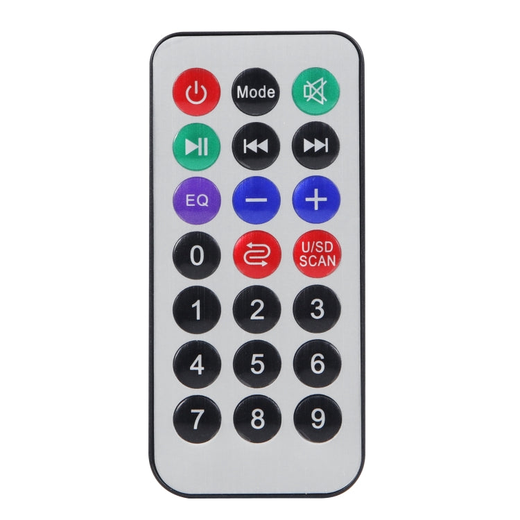 Remote control for car audio MP3 player with mode, EQ, volume, and number buttons