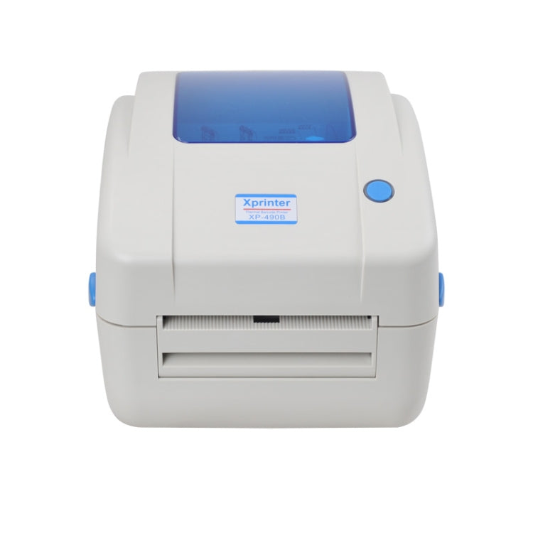 Front view of white desktop bill printer with blue-tinted display