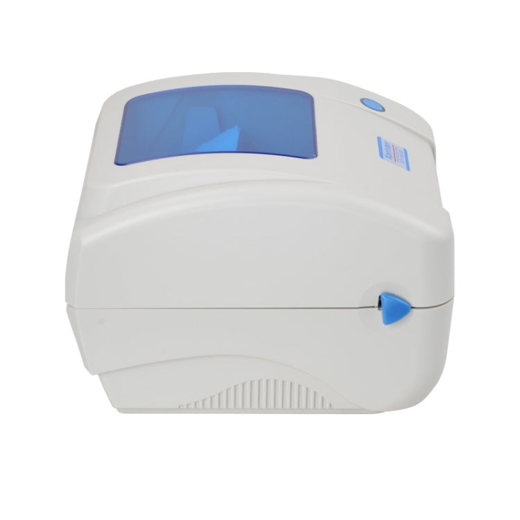 Close front of white bill printer with blue display window and control button