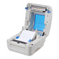 White bill printer with open top cover and exposed print mechanism