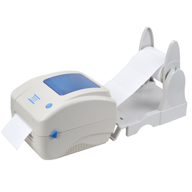 White bill printer showing paper feed and output chute with blue display