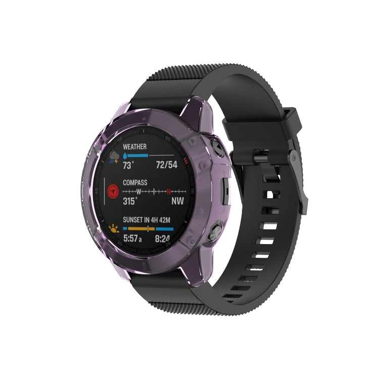 Half-coverage TPU smartwatch case in transparent purple with black watch strap