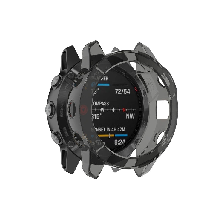 Half-coverage TPU protective case in transparent black, front view on smartwatch