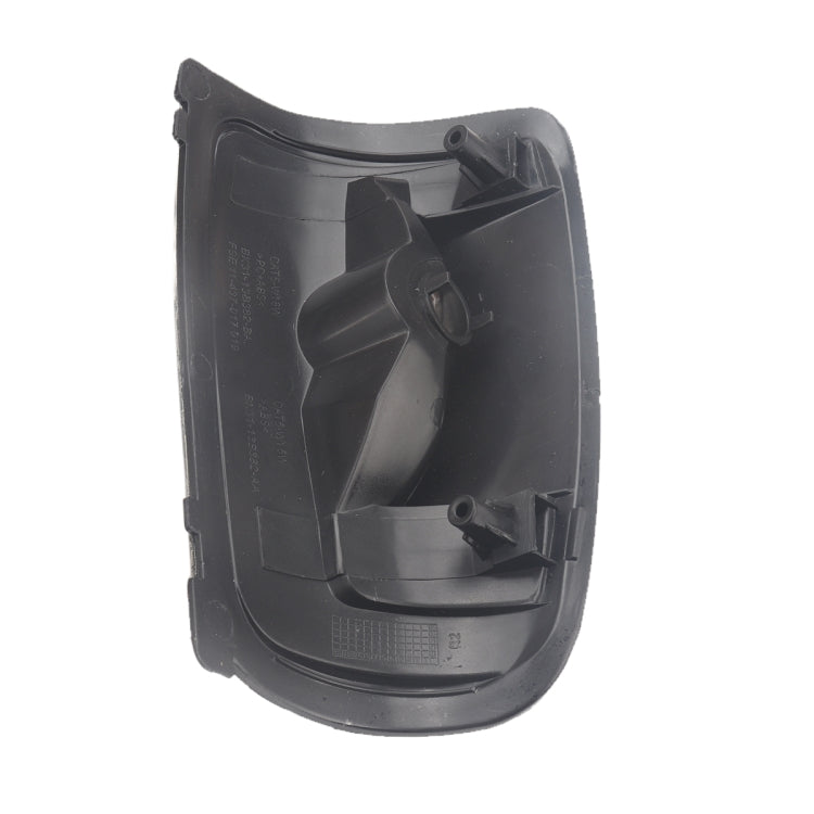 Car mirror indicator lamp cover rear shell, black plastic with clips and cutouts