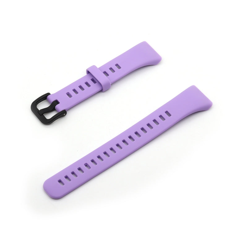 Purple silicone watch strap with black buckle and perforated sizing holes